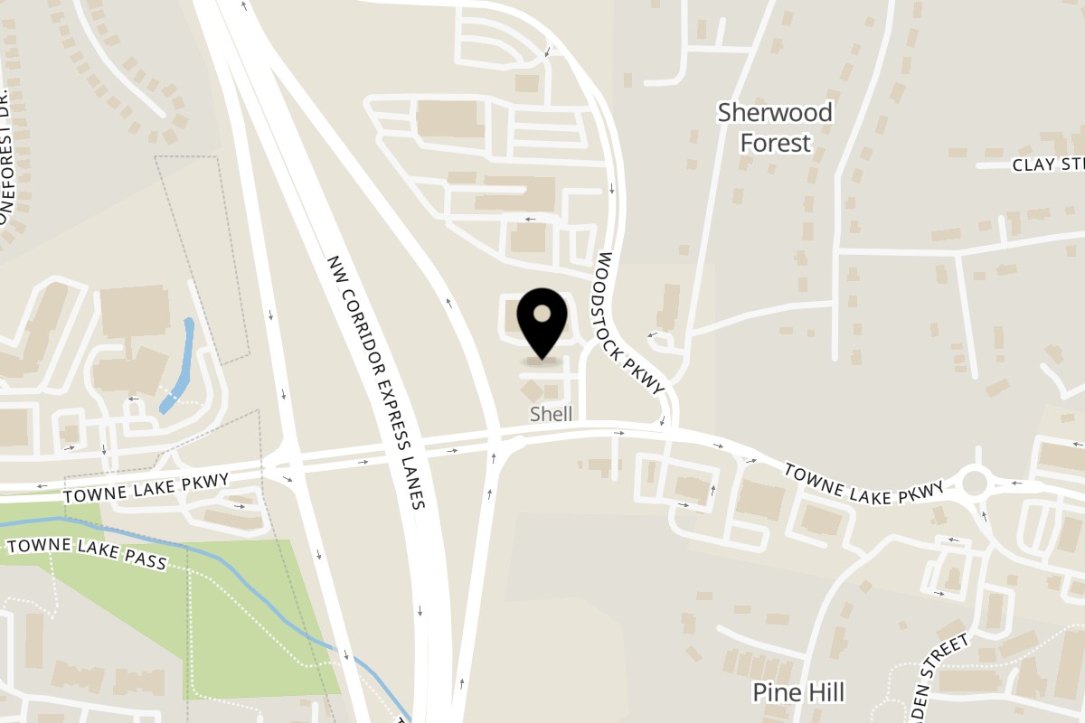 Map showing the location of Arzeh Grill on 224 Towne Lake Pkwy in Woodstock